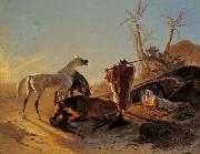 unknow artist Rastendes Beduinenpaar mit Araberpferden oil painting reproduction